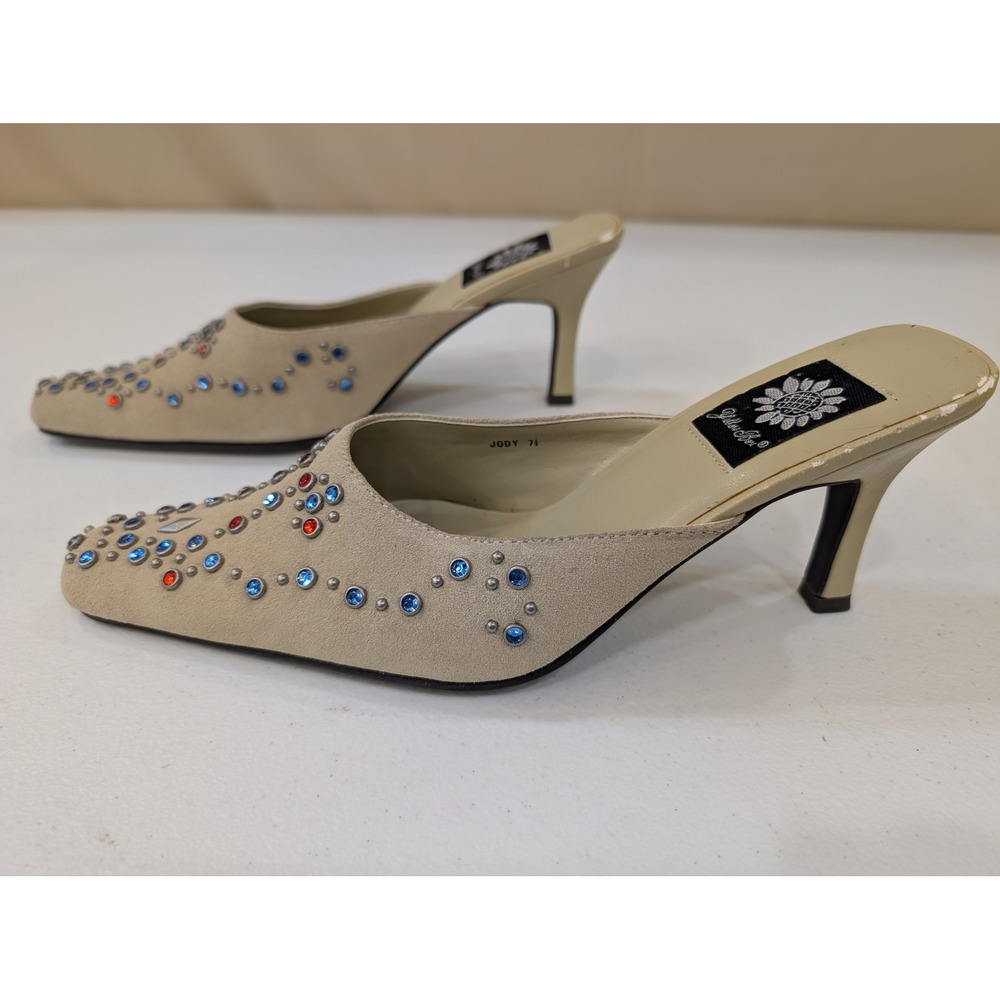 Yellow Box Jody Embellished Rhinestone Square Toe Beige Heel Mules Size 7.5 - Picture 2 of 9